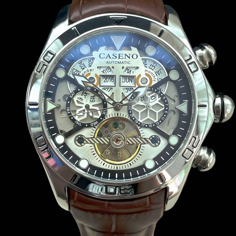 CASENO Genuine Automatic Perpetual Calendar Tourbillon Mechanical Leather Strap Wristwatch - Silver - View 1
