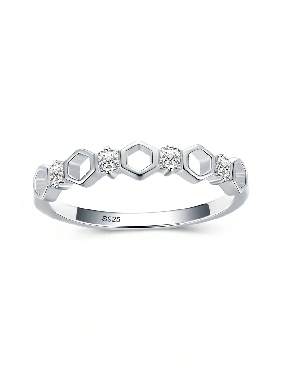 1入時尚銀色立體切割立體設計錯綜有致戒指,適用於結婚禮物、訂婚禮物、新娘珠寶 - 銀色 - 查看 1