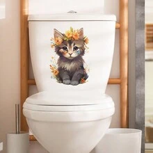 1pc Cartoon Hand Painted Flower Cat Toilet Sticker - Multicolor - View 4