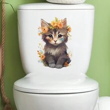 1pc Cartoon Hand Painted Flower Cat Toilet Sticker - Multicolor - View 7