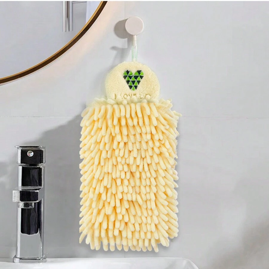 1pc Chenille Absorbent & Quick-Drying Hand Towel Ball With Hanging Loop Design For Kitchen & Bathroom, Cartoon Embroidery Pattern, 2 Colors Optional, 1 Size - Yellow - View 1