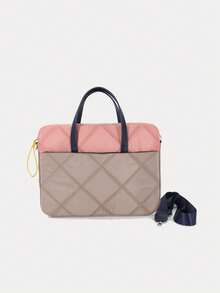 1pc Ladies' Waterproof Polyester Fashionable Stitching Plaid Business Handbag/Shoulder Bag For Laptop, Lightweight Classroom Laptop Bags Classroom Bags Teacher Storage Bags Classroom Organizer Bags - Camel - View 1