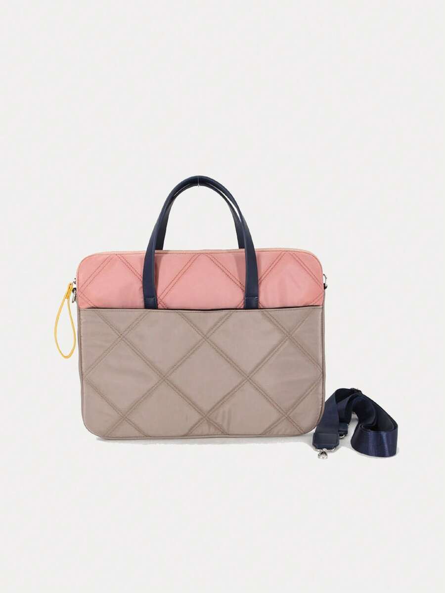 1pc Ladies' Waterproof Polyester Fashionable Stitching Plaid Business Handbag/Shoulder Bag For Laptop, Lightweight Classroom Laptop Bags Classroom Bags Teacher Storage Bags Classroom Organizer Bags - Camel - View 1