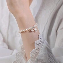 1個小眾復古風格可伸縮性蓮子和珍珠裝飾手鍊,適合女性日常佩戴 - 銀色 - 查看 2