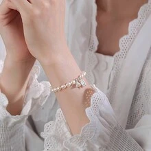 1個小眾復古風格可伸縮性蓮子和珍珠裝飾手鍊,適合女性日常佩戴 - 銀色 - 查看 3