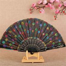 1PC Innolife Elegant Embroidered Flower Peacock Pattern Sequin Fabric Folding Handheld Hand Fan Hand-Crafted (Black) - Multicolor - View 4