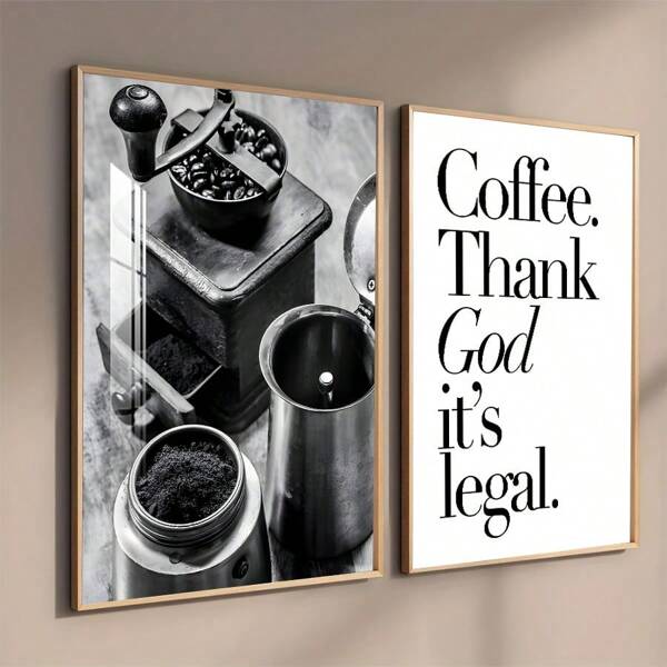 2Pcs/Set  Frameless Vintage Black And White Coffee Machine Coffee Bean Canvas Wall Art Posters,Minimalist Black And White Coffee Thank God, It's Legal Canvas Wall Art Painting, No Frame