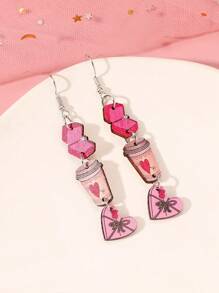 1對浪漫的玫瑰＆愛心＆牛仔帽造型戒指,情人節派對上的長木耳環,是女友/妻子的完美禮物 - 彩色 - 查看 1