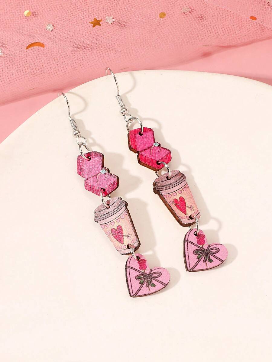 1對浪漫的玫瑰＆愛心＆牛仔帽造型戒指,情人節派對上的長木耳環,是女友/妻子的完美禮物 - 彩色 - 查看 1