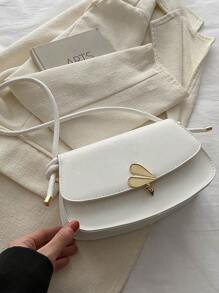 復古鎖心斜挎包,純色肩背包,簡約手提包、財布,專為女性設計 - 白色 - 查看 2
