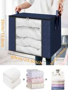 1pc Navy Blue Clothes Storage Bag, Foldable Blanket Storage Container For Organizing Bedroom, Closet, Clothes, Comforters, With Lid & Handles - Navy Blue - View 2