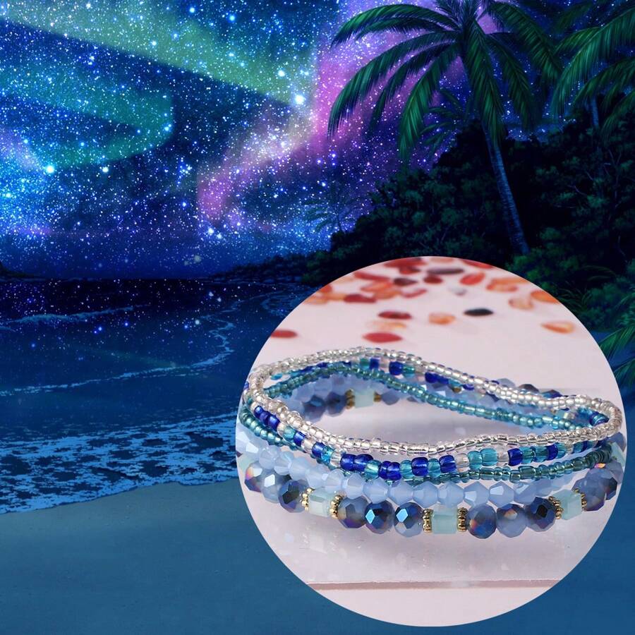 5pcs Boho Bohemian Style Beach Vacation Decor Blue Crystal Rice Beads Bracelet For Women Girls Party Gift Jewelry - Blue - View 1