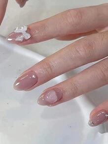 24入組短款圓形假指甲,裸色、純白、蝴蝶結和心形款式,女性化輕柔的指彩裝飾 - 彩色 - 查看 1