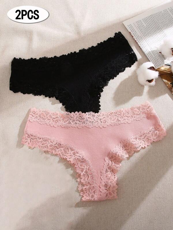 2 piezas Ropa interior de mujeres con encaje , negro + rosado