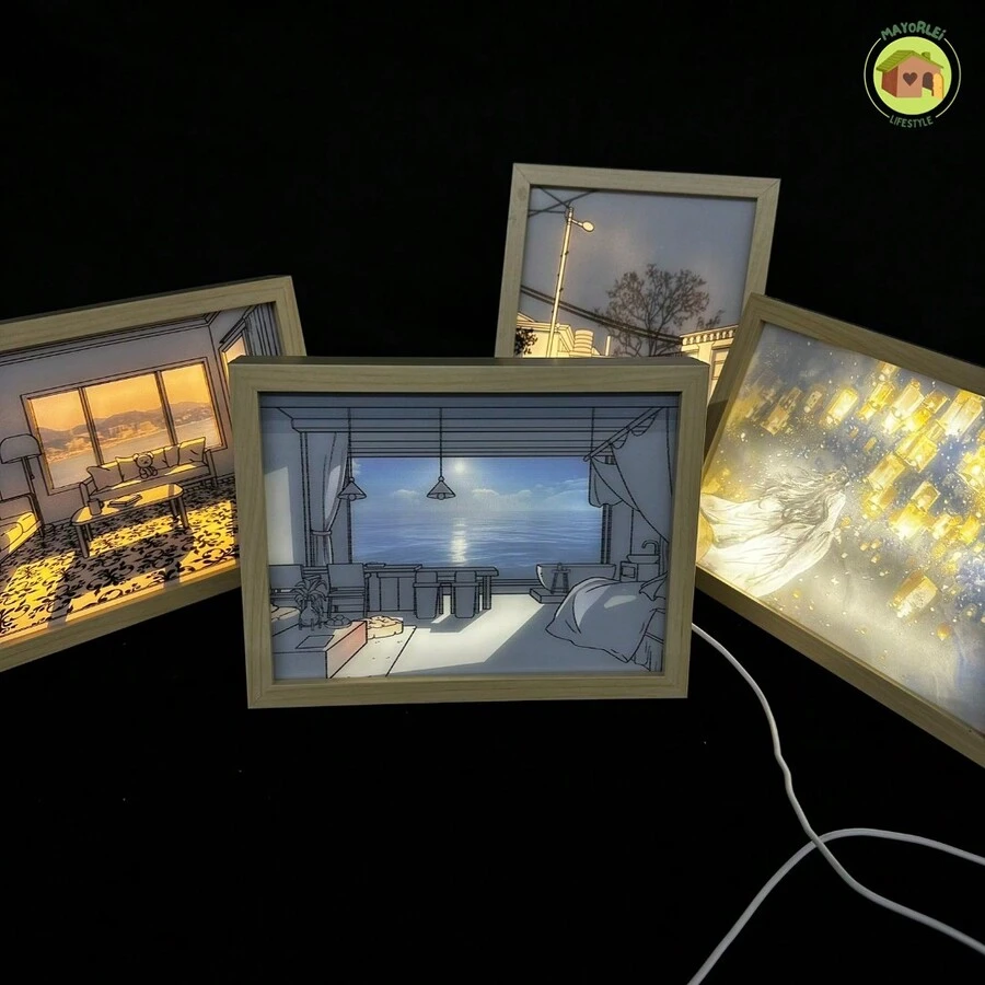 Luz LED de noche para bocetos, lámpara de mesa de Arte de pared de pintura minimalista, Control táctil, marco de fotos de madera, decoración del hogar, alimentación USB, 1pc Lámpara de Mesa Decorativa de Pintura de Luz, la Última Creativa Luz Nocturna LED Marco de Fotos Pequeños Adornos - Multicolor - Ver 1