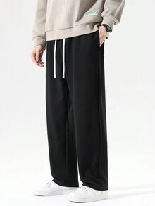 男士實色束口腰直筒褲 - 黑色 - 查看 5