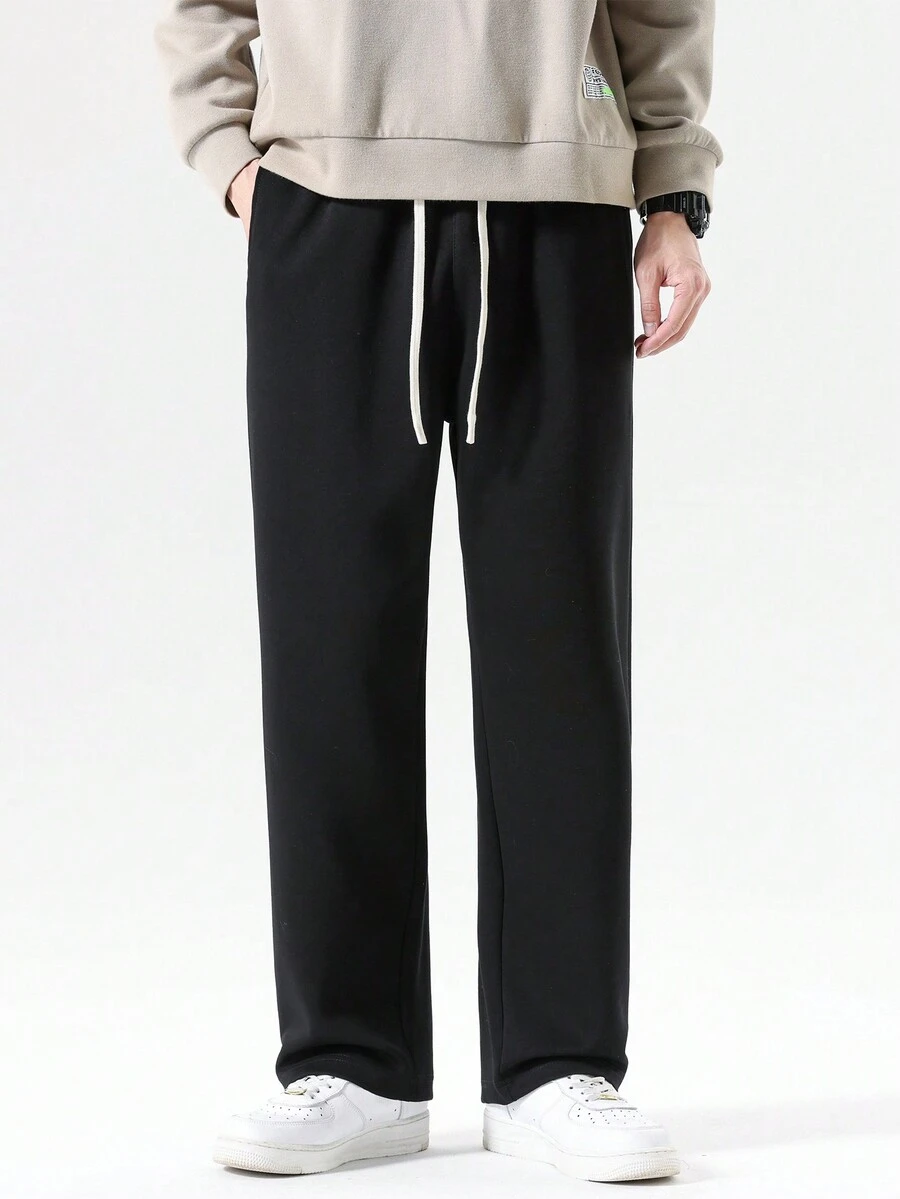 男士實色束口腰直筒褲 - 黑色 - 查看 1