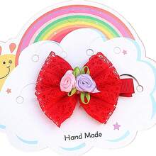 兒童髮夾,寶寶女孩蕾絲玫瑰花蝴蝶結髮夾,修剪劉海和髮飾 - 紅色 - 查看 4