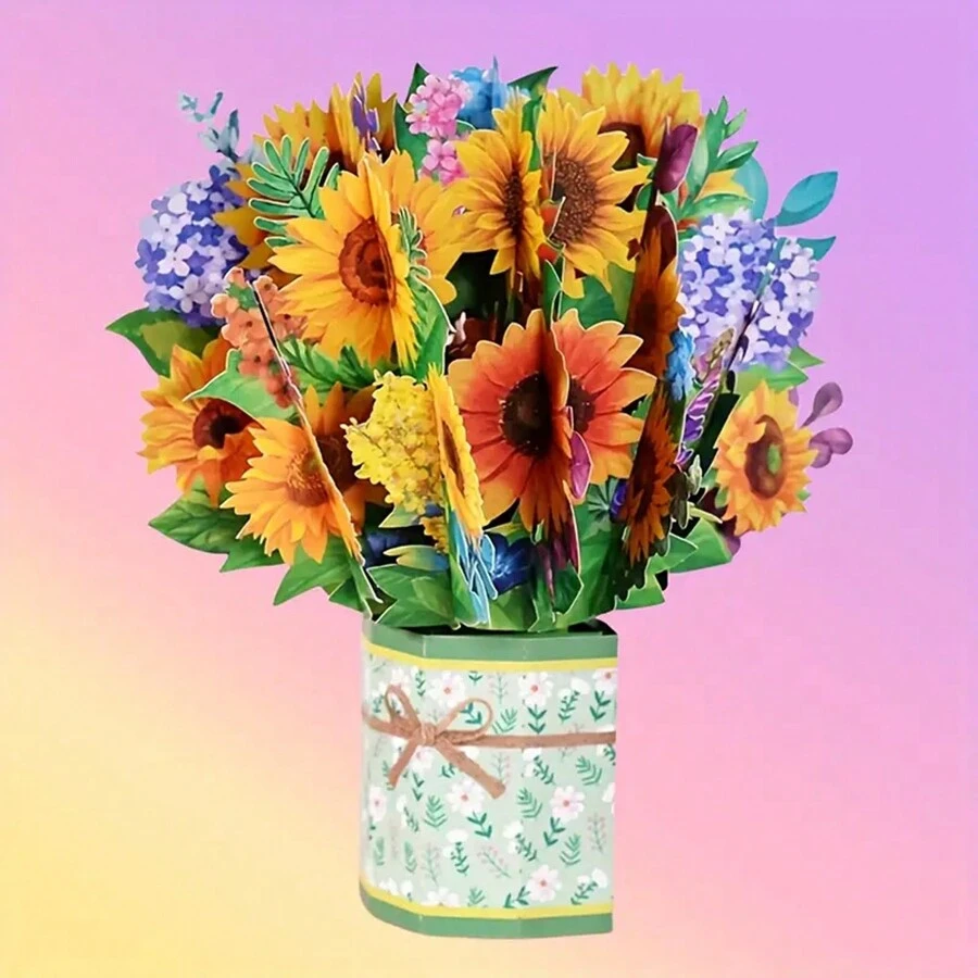 1張賀卡創意花束桌面裝飾品適用於女老闆,朋友,父母的生日,紀念日,創意花卉裝飾,感恩節,母親節,復活節,情人節禮物。 - 彩色 - 查看 1