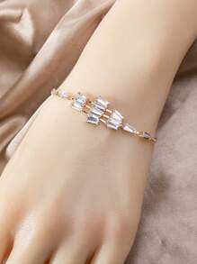 1條流行的幾何設計人造鋯石鏈與銅珠可調式拉繩手鐲,適合女性日常穿著 - 金黃色 - 查看 9