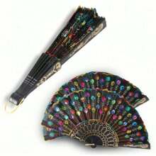1PC Innolife Elegant Embroidered Flower Peacock Pattern Sequin Fabric Folding Handheld Hand Fan Hand-Crafted (Black) - Multicolor - View 1