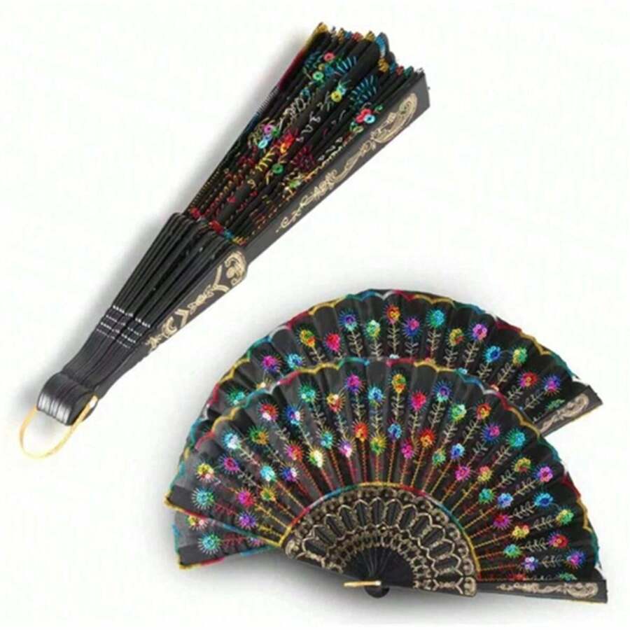 1PC Innolife Elegant Embroidered Flower Peacock Pattern Sequin Fabric Folding Handheld Hand Fan Hand-Crafted (Black) - Multicolor - View 1