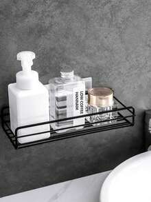 Black/White(Random Color) Bathroom Shelves Without Nailing & Punching, Rectangular Iron Art Multi-Functional Storage Shelf For Kitchen & Toilet Articles( Free Metal Sheet) - Multicolor - View 3