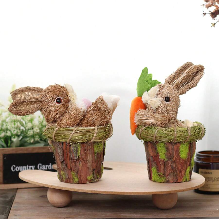 1入復活節裝飾,可愛稻草復活節兔裝飾品,適用於家居/派對桌面裝飾 - 棕色 - 查看 1