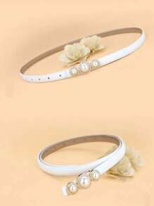 1pc Women's Thin Belt With Pearl & Rhinestone Decoration, Metal Smooth Buckle, Simple & Stylish Accessory, Perfect For All Occasions And Clothing Styles - White - View 2