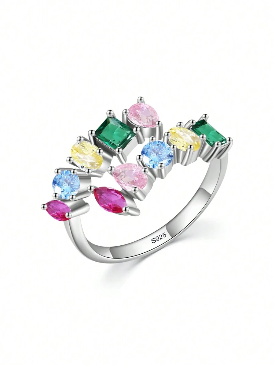 1 chiếc nhẫn hở bằng bạc Sterling 925 thiết kế hình học sang trọng lấp lánh đá Cubic Zirconia cầu vồng dành cho nữ, phụ kiện dự tiệc, trang sức