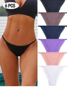 6入組女式蕾絲修飾純色三角褲,低腰可愛細肩帶三角底褲
