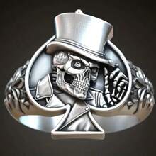 1 件全新独特男士时尚复古雕刻花朵骷髅戒指、扑克牌黑桃 A 戒指、嘻哈朋克个性化男士珠宝 - 銀色 - 查看 1