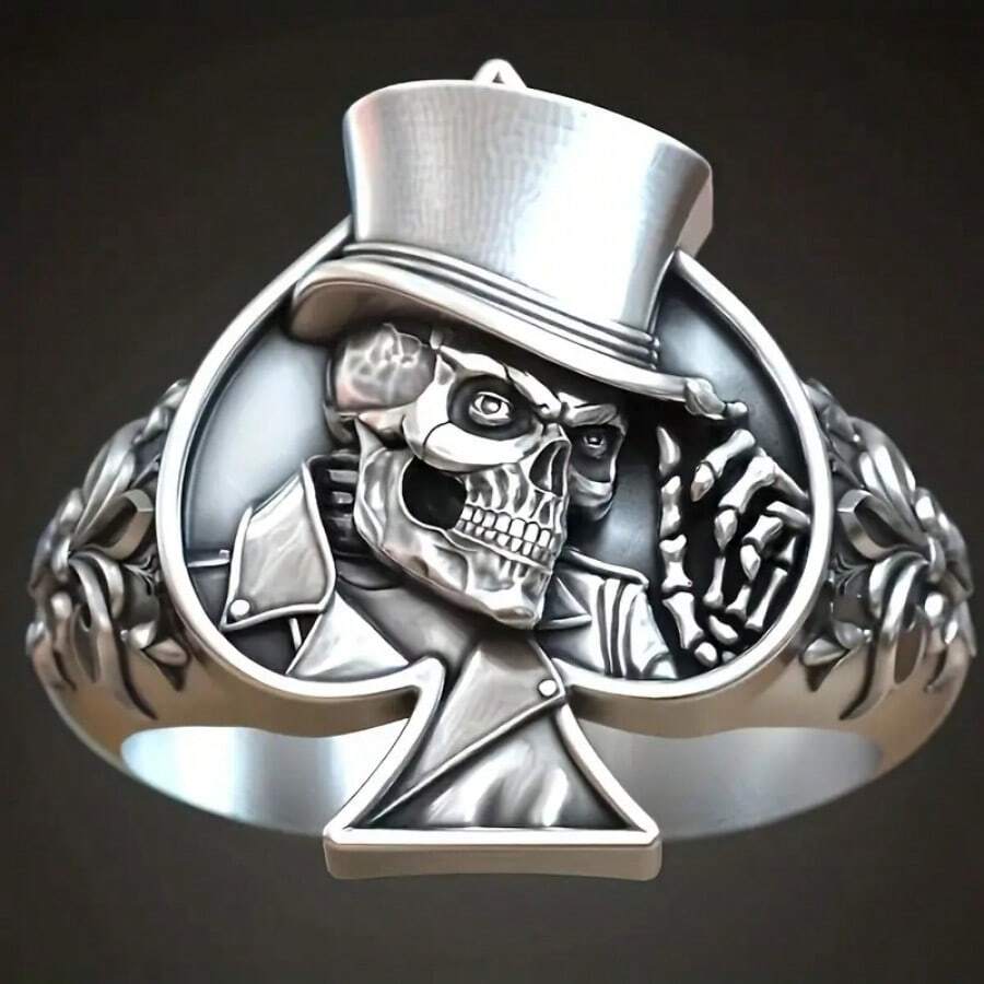 1 件全新独特男士时尚复古雕刻花朵骷髅戒指、扑克牌黑桃 A 戒指、嘻哈朋克个性化男士珠宝 - 銀色 - 查看 1