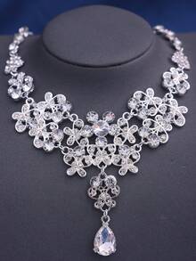 4pcs/Set Silver Rhinestone Masquerade Mask & Earrings, Romantic And Elegant Bridal Accessories - Silver - View 4