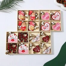 12pcs 2024 New Valentine'S Day Themed Mini Pendant Set In Wooden Box, Creative 4-Grid Decoration For Valentine'S Day Atmosphere, Party Decoration - Multicolor - View 7