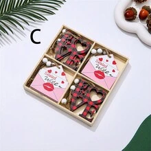 12pcs 2024 New Valentine'S Day Themed Mini Pendant Set In Wooden Box, Creative 4-Grid Decoration For Valentine'S Day Atmosphere, Party Decoration - Multicolor - View 8