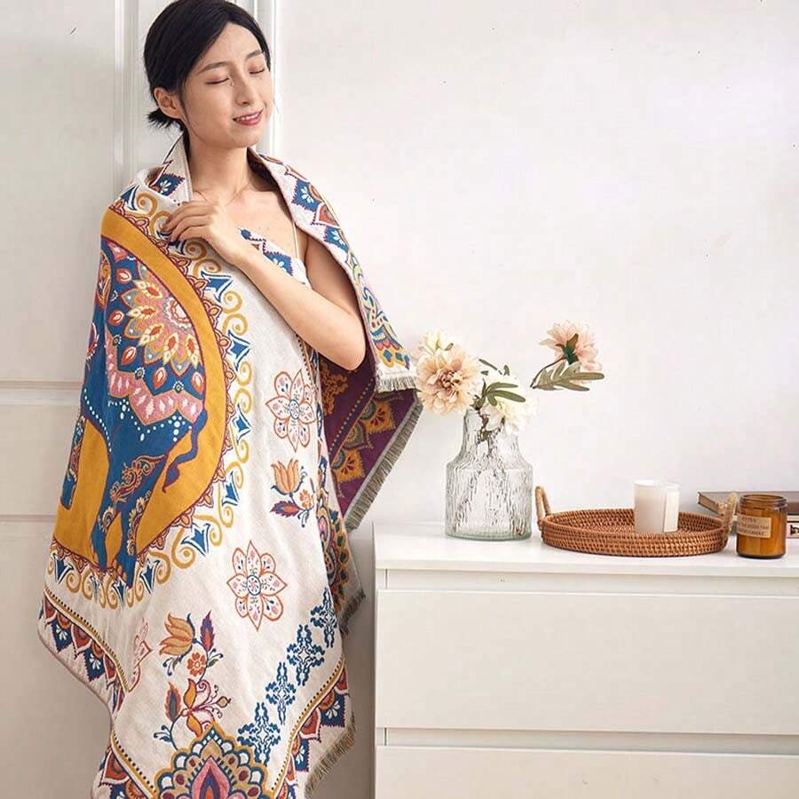 1條熱帶花卉提花披肩,波西米亞風格四層流蘇紗巾浴巾,家用、辦公室、午睡多功能包裝毯 - 吉利象 - 查看 1