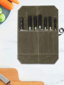 1入組耐用的蠟帆布食物準備組織袋,刀捲袋,廚師刀捲袋,便攜式廚師刀套,帶7個插槽的刀捲袋,刀袋底座適用於家庭廚房、旅行、露營等等（綠色與卡其色） - 綠色 - 查看 3