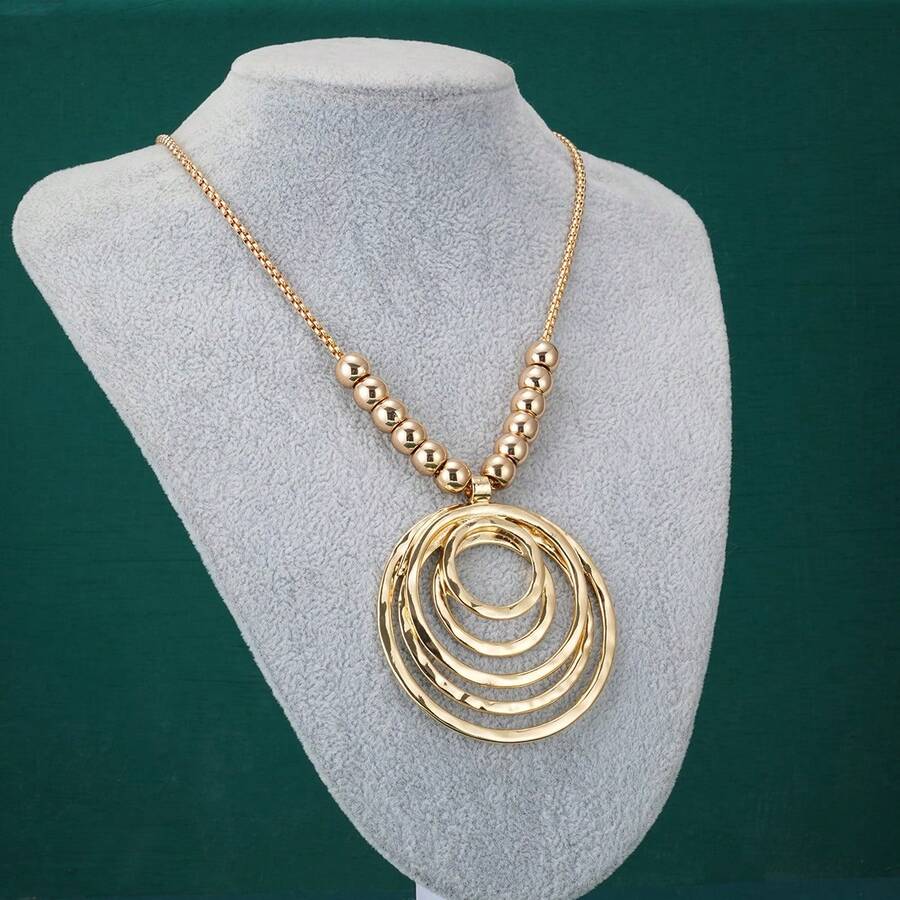 1入幾何圓形ccb珠飾墜飾毛衣鏈,女性精美高端時尚珠寶禮物 - 金黃色 - 查看 1