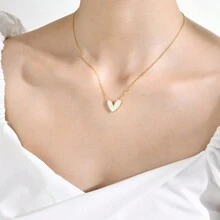 1pc Romantic Heart Shape Pendant Necklace With Gold Edge, Fashionable Lock Collar Design, Versatile Necklace - Gold - View 3