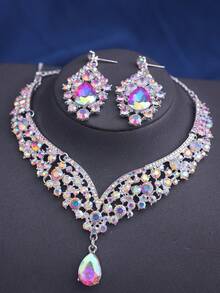 4pcs/Set Rhinestone Mask & Earrings Set, Romantic Elegant Bridal Accessories - Multicolor - View 3