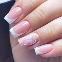 Explore The Beauty Of Fingertips: 1set/24pcs Square Shaped False Nails With Romantic Atmosphere, Pure White, French Style, Glittering Butterfly Design Suitable For All Girls - White - View 1