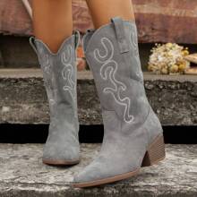 Giày bốt đế bệt giữa bắp chân thêu phong cách phương Tây thời trang dành cho nữ có gót nhọn - Xám - Xem 3