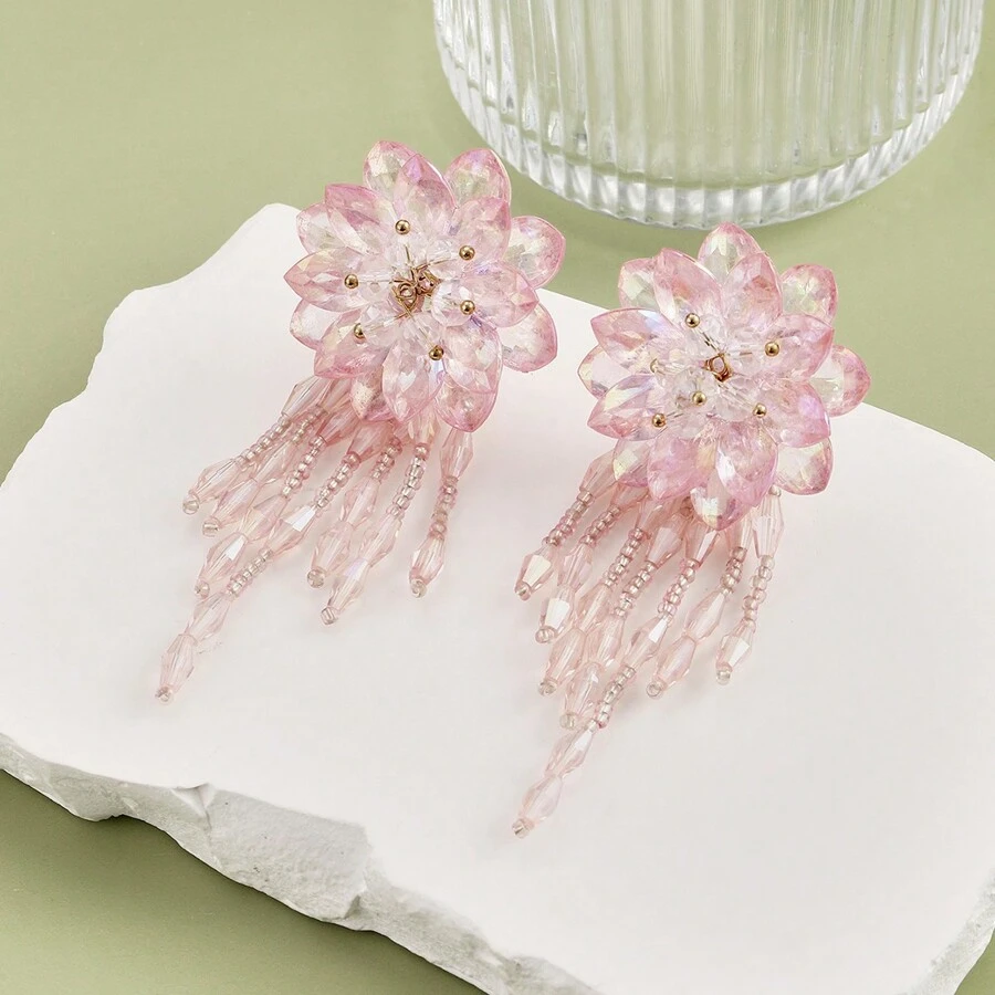 2pcs Shiny Crystal-Like Lotus & Tassel Dangle Earrings For Women - Pink Lotus - View 1