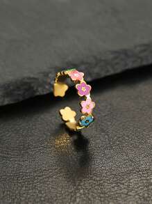 Nhẫn hình nụ cười thời trang bằng thép không gỉ chống thấm nước và chống phai màu có thể điều chỉnh với những bông hoa nhỏ nhiều màu, thích hợp cho trang phục hàng ngày của phụ nữ, ngày lễ tình nhân, mẹ, mẹ, ngày của mẹ, quà tặng - Vàng - Xem 3