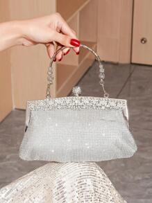 Glittering Rhinestone Decor Evening Clutch With Handle Strap For Party, Dancing, Light Luxury Clutch Purse For Women - Silver - View 1