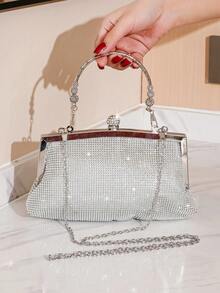 Glittering Rhinestone Decor Evening Clutch With Handle Strap For Party, Dancing, Light Luxury Clutch Purse For Women - Silver - View 5