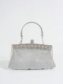 Glittering Rhinestone Decor Evening Clutch With Handle Strap For Party, Dancing, Light Luxury Clutch Purse For Women - Silver - View 7