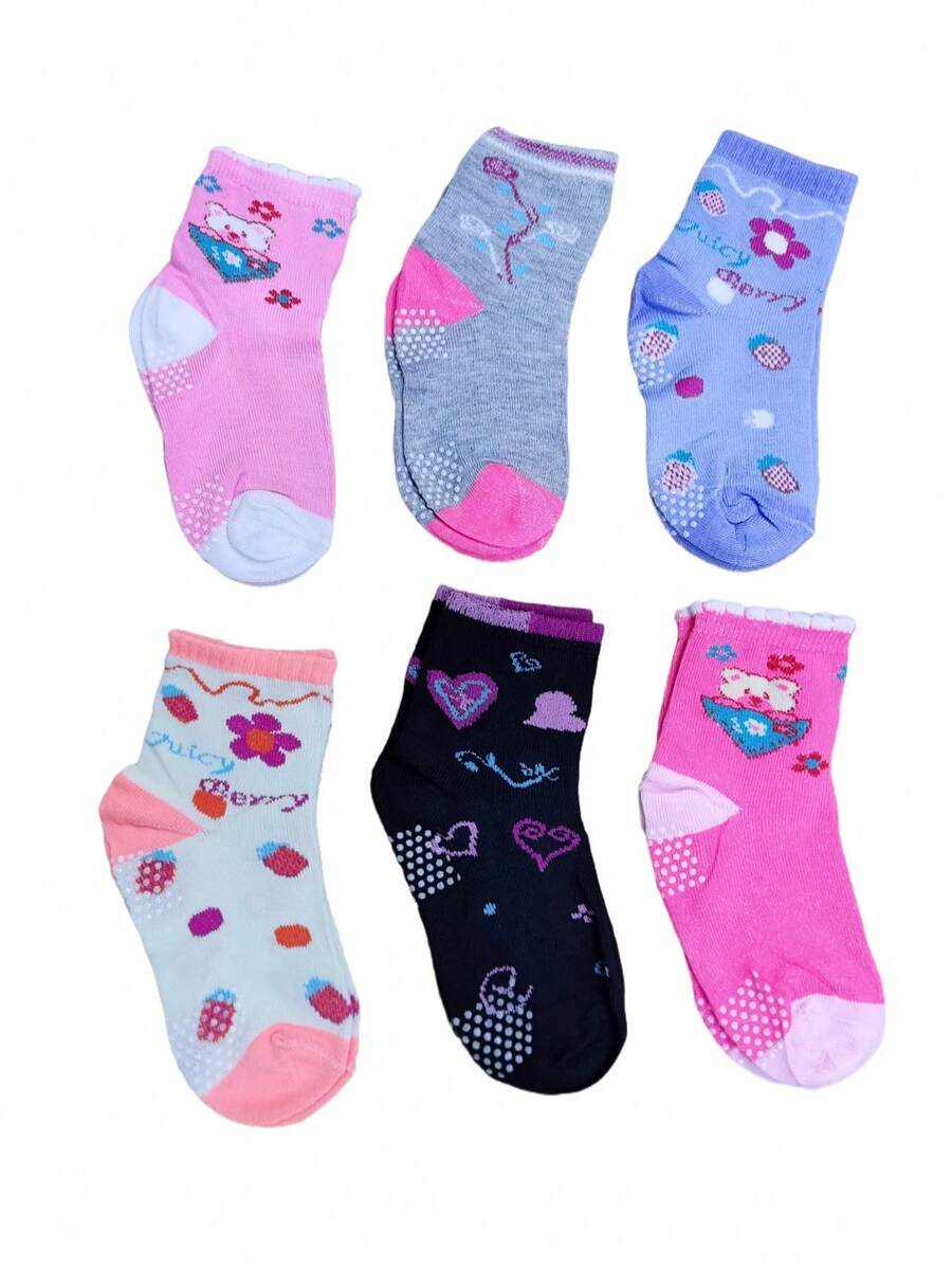 Kit 6 Pares de Meias Infantil Feminino Com antiderrapante Cano Médio Menina - Multicolorido - Visão 1