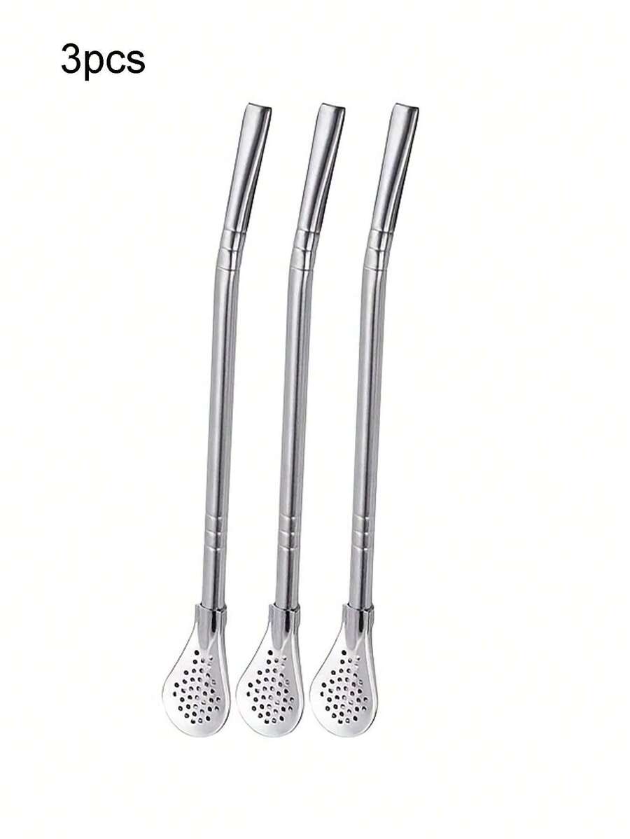 3pcs Silver Drink Stirring Filter Spoon With Straw School Supplies